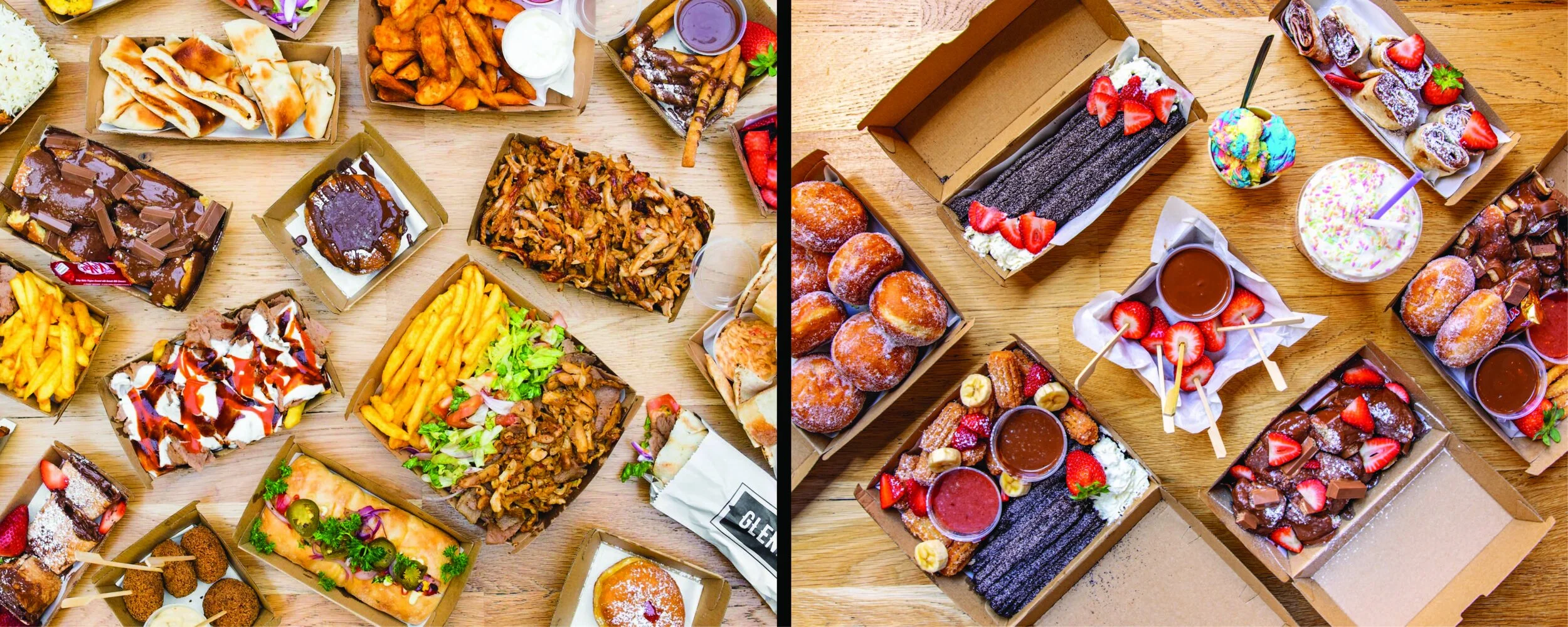 A spread of Glenny Kebabs dishes and desserts